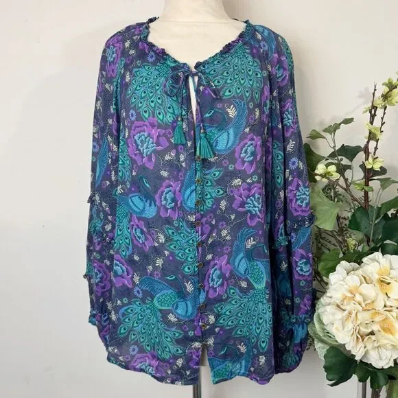 Spell & The Gypsy Boheme Ruffle Blouse | Peacock Floral Print | Medium - Picture 2 of 13
